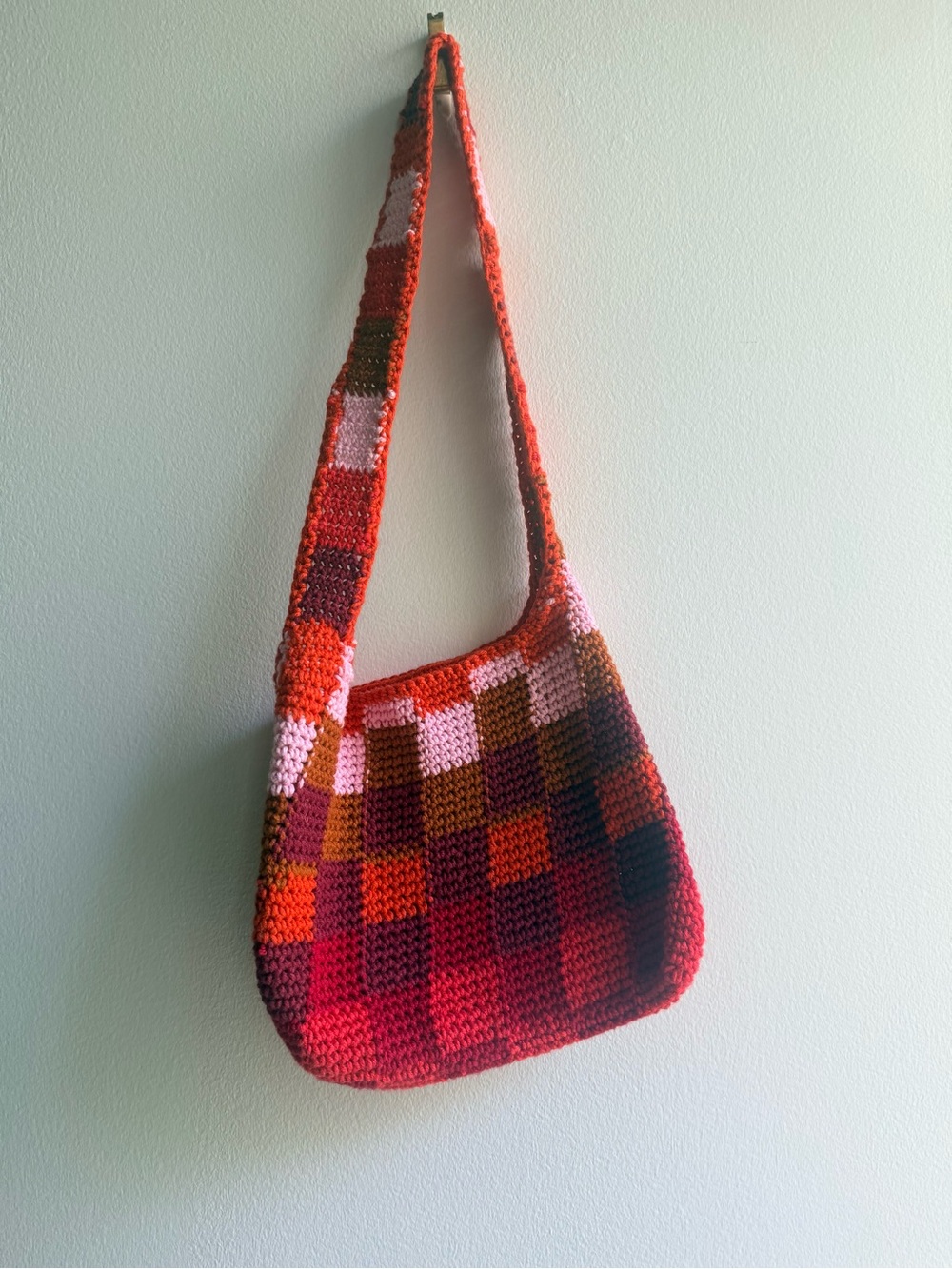Handmade Crochet Shoulder Bag in Pink, Red, Orange and Brown